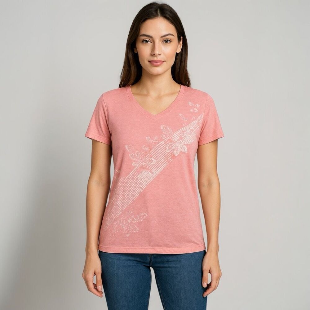 TEK GEAR Solid Pink White Butterfly Shirt Sleeve V Neck Tee Shirt Cotton Blend L